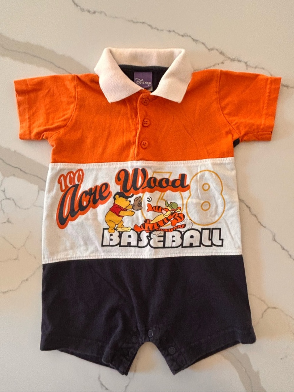 Vintage Y2K Pooh Disney Baby Orange & Navy '100 Acre Wood Baseball' Polo Romper